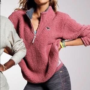 Victoria's Secret PINK Sherpa Quarter 1/4 Zip Pullover Size S Fuzzy Dog Logo